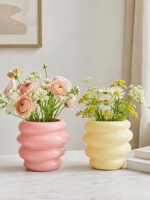 1pc Macaron Color Glossy Vase, Stacked Ripple Design Modern Minimalist Decorative Vases For Floral Arrangement, Living Room Table Decor - Honey Jar - View 6