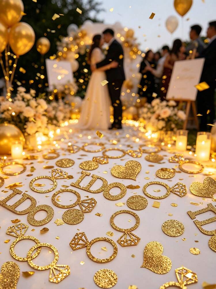 100/200pcs/Set Gold Glitter Wedding Confetti, Printed With "I Do" Text, Diamond Ring Pattern And Heart-Shaped Discs, Suitable For Wedding Party, Proposal, Bridal Shower, Anniversary Celebration, Table Decoration And Photo Props - Gold - View 3
