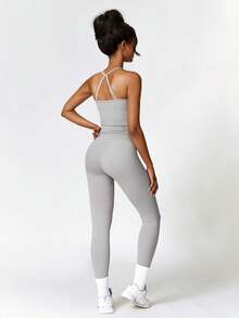OMEWEE Conjuntos de yoga para mujer,sujetador deportivo con tiras sin espalda y leggings sin costuras, conjuntos deportivos a juego para correr - Gris - Ver 5