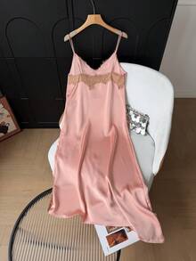 Vestido de tirantes finos con ribete de encaje rosa casual y elegante para mujer GMFP, verano/otoño, uso diario, vacaciones, Halloween, Navidad - Carne - Ver 8