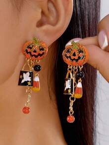 1 Pair Halloween Rainbow Magic Ghost Pumpkin Acrylic Earrings, Quirky Fashion High-End Ear Pendants, European And American Creative Pumpkin Head Ghost Pendant, Asymmetrical Design Stud Earrings For Women - Multicolor - View 11