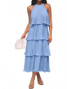 ZESICA Vestido Largo de Gasa para Mujer, 2023, sin Mangas, Cuello Halter, con Volantes, Escalonado, con Vuelo, de Verano - Morado - Ver 14
