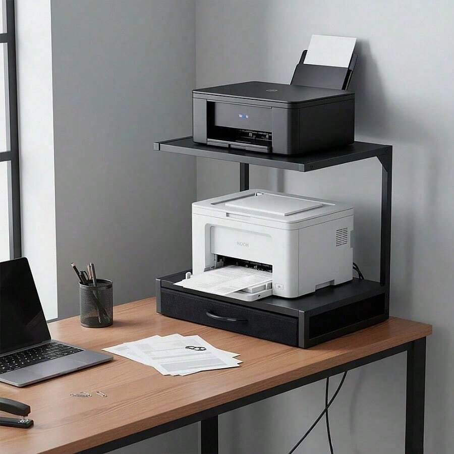 2-Tier Desktop Printer Stand With Fabric Drawer & Open Shelf, Multi-Functional Printer Table For 3D Printers/Fax/Scanner, Compact 17.3x11.8 Inch Home Office Organizer - Black - View 1