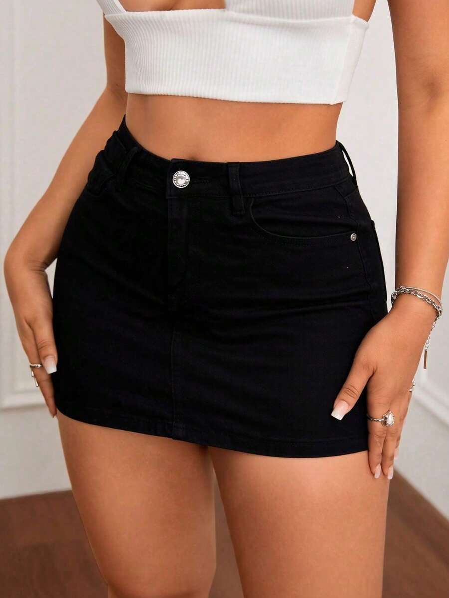High-Waisted Fitted Mini Skirt With Multiple Cutouts, Frayed Edges, Functional Pockets And An Asymmetrical Hem, Available In Various Colors With Stretch - Black - View 1