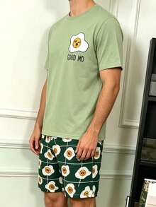 Men's Summer Pajama Set, Round Neck Simple Fried Egg Print Short Sleeve Top And Shorts Loungewear - Multicolor - View 2