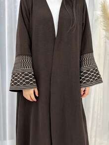 Abaya Kimono Cardigan Elegante de Mujer con Frente Abierto, Mangas Acampanadas Bordadas con Diseño Geométrico, Textura Arrugada, Abrigo Largo Holgado Musulmán - Multicolor - Ver 29
