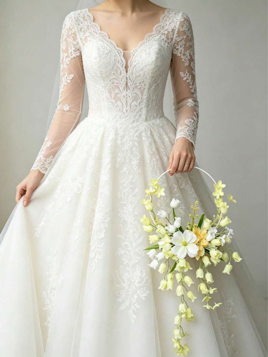 1/3pcs Elegant White Floral Handheld Wreath, Artificial Peony And Lily Of The Valley Bridal Wreath, Wedding Ceremony Accessory - Yellow - View 1