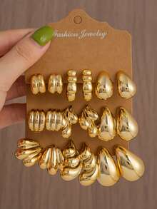 9 Pairs CCB Gold Geometric Earring Set, Hypoallergenic Water Drop Shell Style, Suitable For Daily And Party Outfits - Gold - View 8