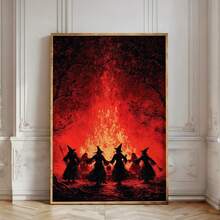 1pc Framed Canvas Wall Art, Vintage Red Fire Witch Gathering, Four Witches Holding Hands In Dark Forest, Gothic Dark Academia Eerie Halloween Witch Atmosphere Wall Decor - Campfire Witch - View 7