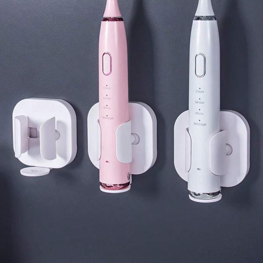 1件免鑽孔電動牙刷架,背膠式牙刷架,底座可插電動牙刷,省空間耐用,適用於浴室、校園、辦公室、飯店 - 白色 - 查看 1
