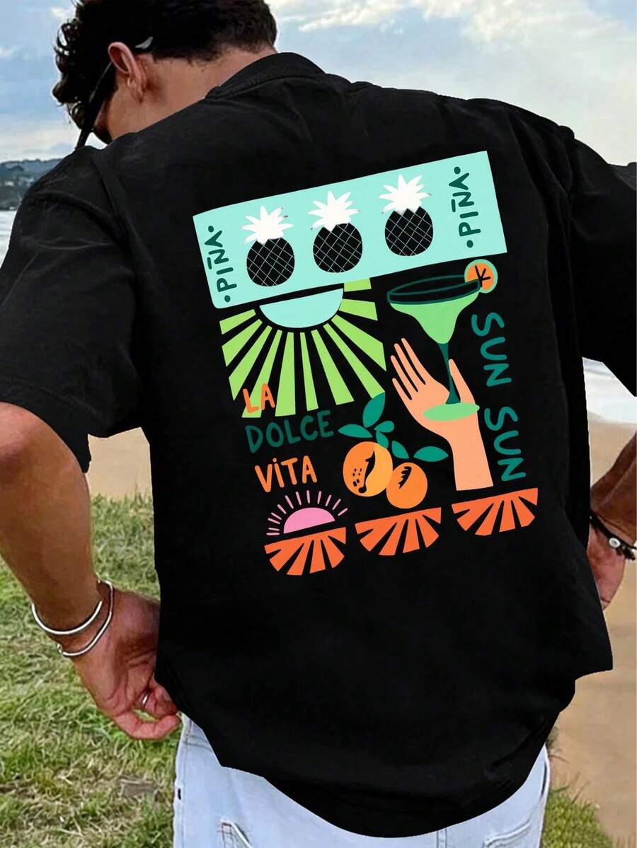 Playera hombre estilo vacacional estampado abstracto para playa - Negro - Ver 1