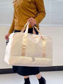 Bolsa de viaje de gran capacidad para pasar la noche, bolso de deporte, yoga y gimnasio, bolso de fin de semana con compartimento para zapatos húmedos y secos, bolso de hombro casual para ne - Beis - Ver 3