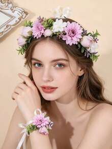 1套 1件花環 + 1件手鍊，森系人造花與綠植，新娘婚禮季節波希米亞風美學花環手鍊套組 - 花環+1個手環 - 查看 2