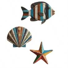1 Set Colorful Ocean Art - Wooden Fish - Shells - Starfish Farmhouse Style Decor - One Size Fits All - View 6