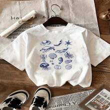Plus-Size Women's Casual Short-Sleeved T-Shirt With A Marine Life Print Featuring Starfish And Seashells. A White, Crew-Neck Top That's Loose-Fitting And Breathable. - 白色 - 查看 1