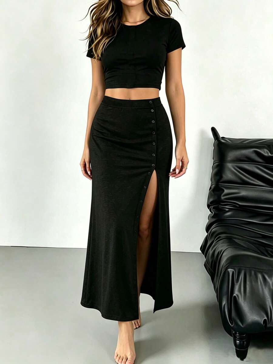 2025 Spring/Summer New Elegant Fashion Short Sleeve T-Shirt And Midi Skirt Set For Women Black - Black - View 1