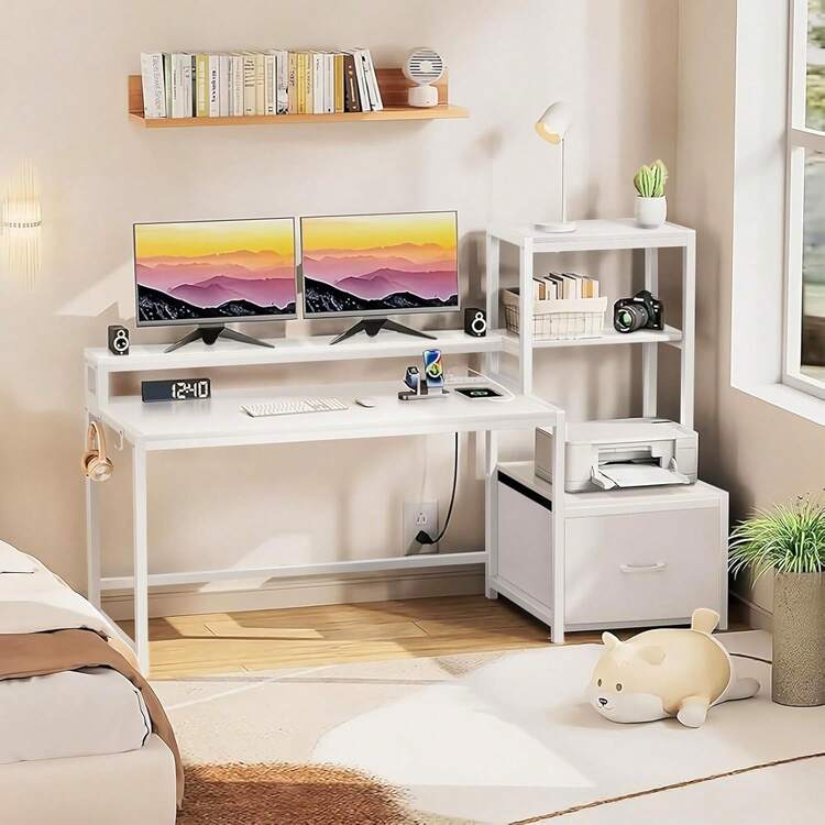 Habitdesign Escritorio para Computadora con Tira Led,Cajone y Estante De 3 Niveles Industrial Desk Esquinero para Gamer Grande con Enchufe Mesa PC para Recamara Sala 150x48x125CM (Blanco) - Blanco - Añade 5