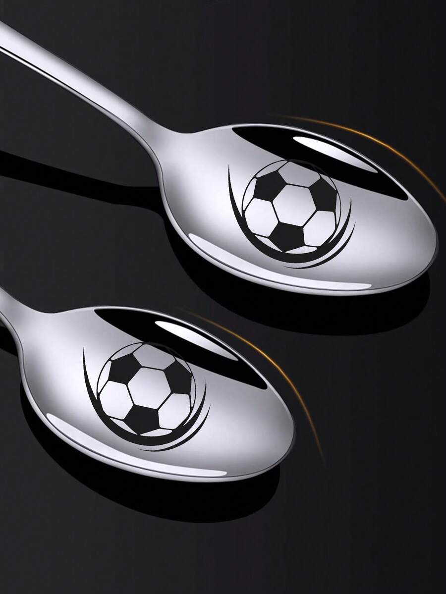 1pc/2pcs Soccer Coffee Spoon, Stainless Steel Soup Spoon With Soccer Exclamation Point Shooting Shape Embossed, 7.28 Inch Serving Spoon Tool Suitable For Coffee, Cereal, Soup, Rice, Tea, World Cup Small Gift - Multicolor - View 1