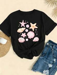 T-Shirt With Starfish And Seashell Print, Urban Hip-Hop Style, Breathable, With Artistic Design. - Black - View 2