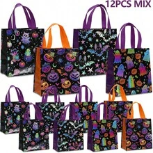 12/24PCS Halloween Series Non-Woven Tote Bags, Purple Black Laser Horror Ghost, Pumpkin Lantern, Bat Pattern Printed Reusable Gift Packaging Bags, Trick Or Treat Activity, Halloween, Birthday Party Decoration Gift Bags, Durable Holiday Celebration And Daily Item Storage Shopping Bags - 5801 - View 11
