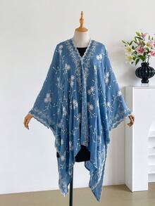 1 buah Kimono Sarong Selendang Bordir Gaya Bohemian Motif Bunga Elegan untuk Wanita, Cardigan Pelindung Matahari untuk Liburan Pantai Musim Semi dan Musim Panas, Modis, Serbaguna, Ringan, Mewah, dan Dekoratif, Cocok untuk Pemakaian Sehari-hari, Pilihan Hadiah - Biru - View 2