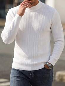 Men's Solid Color Semi-High Neck Textured Knit Sweater, Autumn/Winter Daily Commute Layering Inner Wear, Mature Style Pullover Vertical Ribbed Base Layer Top - White - View 4