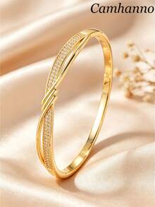 Camhanno 3pcs Luxury Double-Layer Twisted Rhinestone Stainless Steel & Copper 18K Gold Plated Bracelet And Earrings Set, Gentle Casual Commute Versatile - Gold - View 3