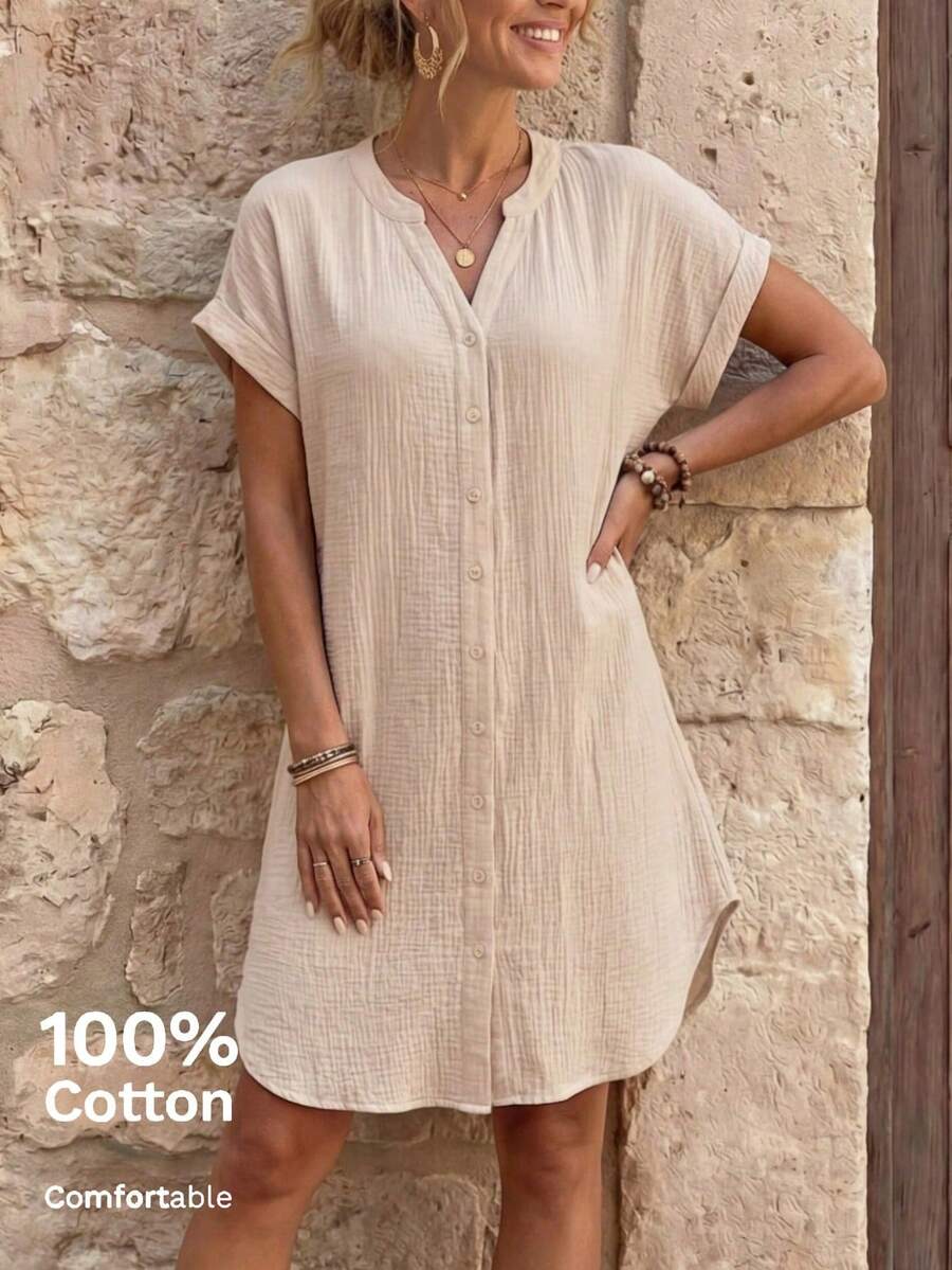 Women's Casual Solid-Color Mini Dress With Front Buttons And Short Sleeves - Khaki - View 1