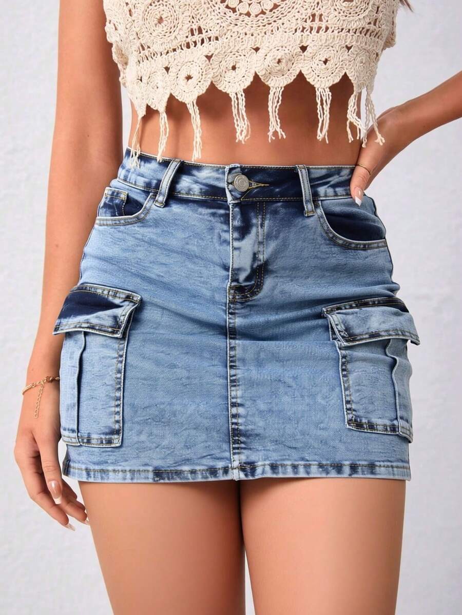 High-Waisted Fitted Mini Skirt With Cargo Pockets, Available In A Variety Of Colors With A Retro-Washed, Stretchy Finish. - Dusty Blue - View 1