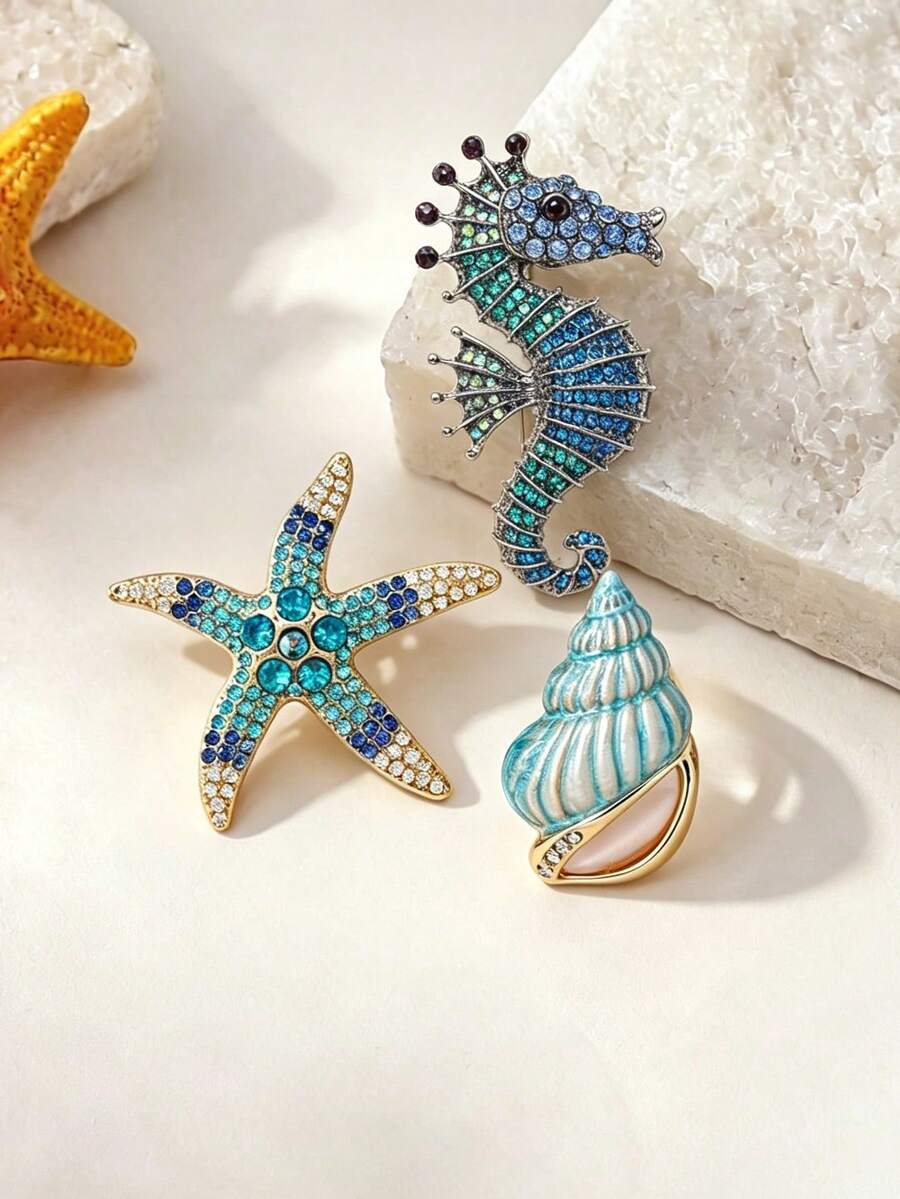 3件組海洋度假風時尚海星海馬海洋生物胸針 - 藍色 - 查看 1