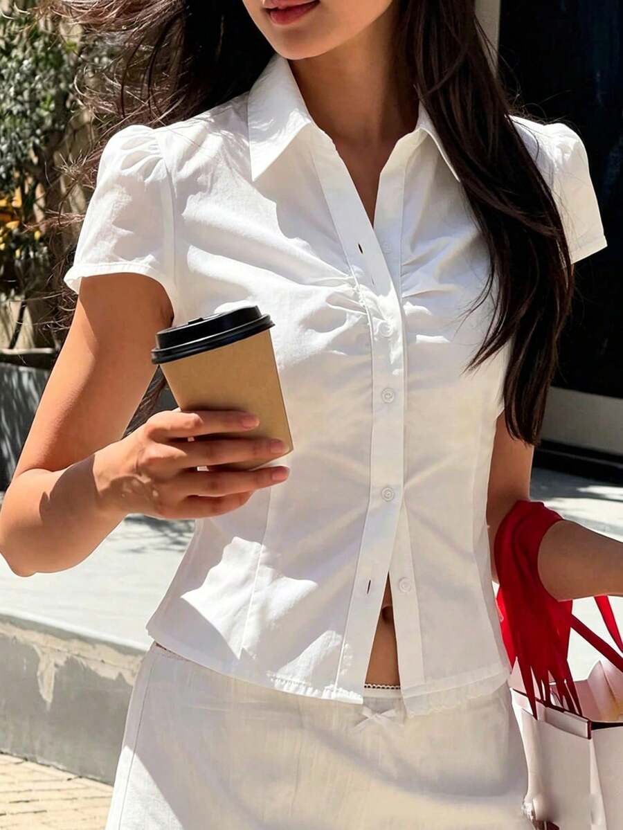 女款性感復古海軍藍鈕扣領短袖修身百褶前襟休閒校服襯衫,適合夏冬白色 - 白色 - 查看 1