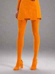 Women's Orange Opaque Stirrup Tights, High Waist Stretch Pantyhose For Costumes, Dance & Colorful Outfits - Multicolor - View 6