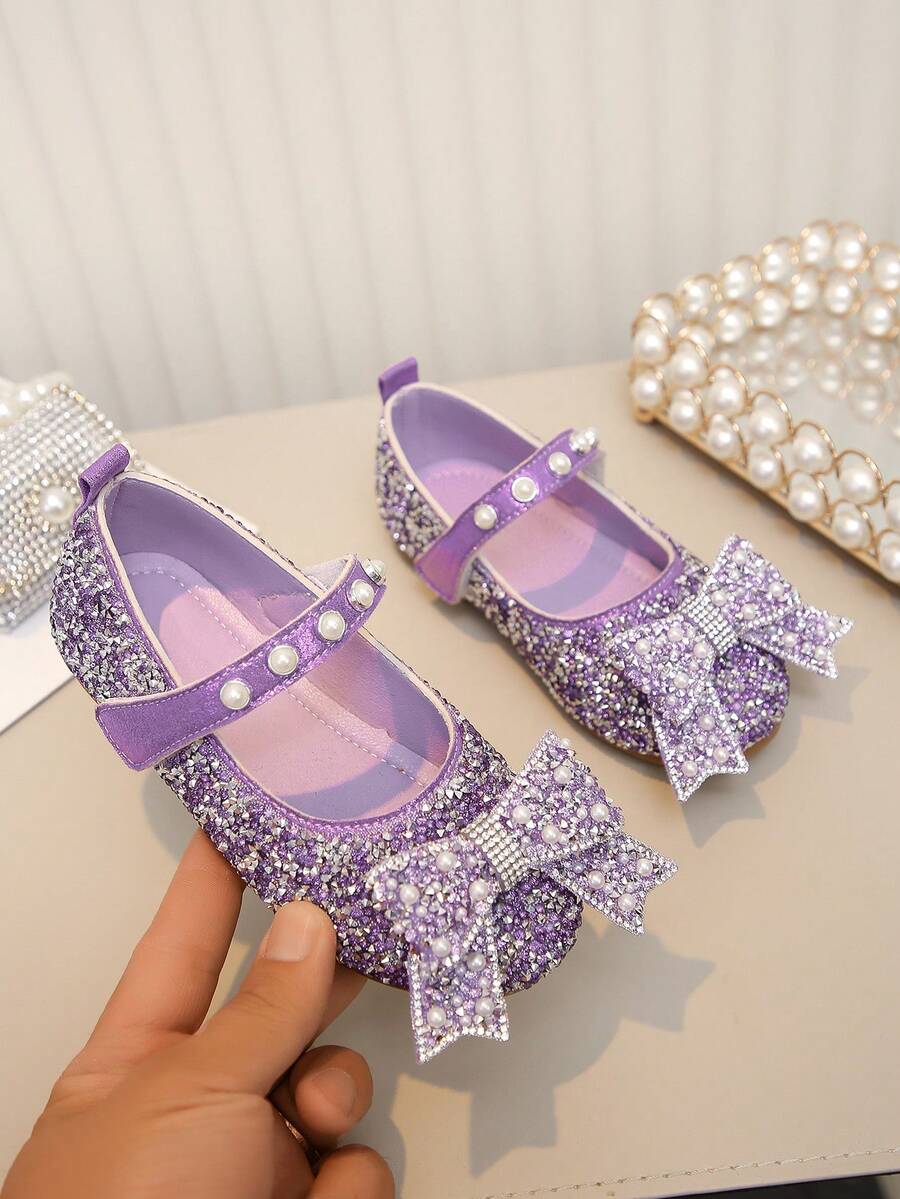 Girls' Pearl & Rhinestone Princess Shoes, Bow Decor Soft Sole Shoes, Spring Summer Autumn Casual Versatile Outfit - Purple - View 1