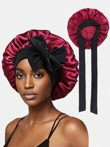 1pc Women's Elastic Satin Sleep Bonnet With Ribbon, Dual-Color Adjustable Knot Hair Wrap Cap For Daily Use - Multicolor - View 1