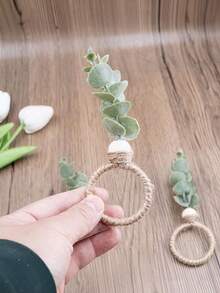 1/6/12pcs/Set Napkin Rings, Rustic Farmhouse Style Napkin Rings, Eucalyptus Napkin Rings, Wooden Napkin Rings, Bohemian Green Leaf Napkin Rings, Suitable For Spring/Summer, Thanksgiving, Christmas, Bridal Shower, Wedding Table Decor - Multicolor - View 3