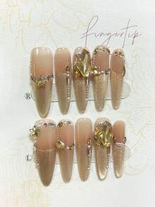 10pcs Gold Luxury Cat Eye Glitter Pointed Press-On Nail Tips, Sweet & Cool 3D Rhinestone Pearl Removable Fake Nails, Girls Gift Nail Art Supplies (1pc Jelly Sticker + 1pc Nail File) - 金色 - 查看 4