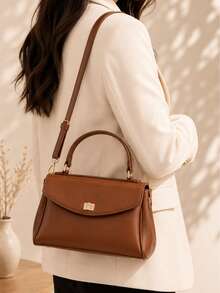 Women's Stylish Solid Color Handbag, Flap Closure With Lock, Versatile For Shoulder, Crossbody Wear, Large Capacity, Sophisticated Look For Commuting - Brown - View 2