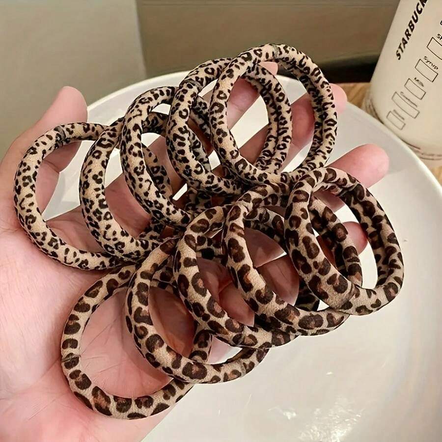 5/10pcs Classic Leopard Print Elastic Hair Ties, Skin-Friendly Elastic Fabric, No-Damage Hair Bands, Suitable For Travel, Makeup And Daily Wear - Multicolor - View 1