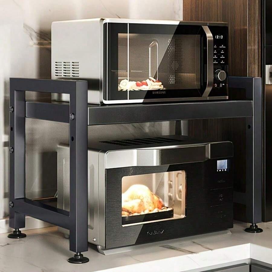 3/2-Story Kitchen Storage Rack With 6 Hooks, Expandable Microwave Rack, Microwave Storage Rack, High Load-Bearing Design, Rust Resistant And Durable, Suitable For Kitchen/Office/Storage Room, Expansion Range 40-64cm (Black), Standing Shelf - 黑色 - 查看 1