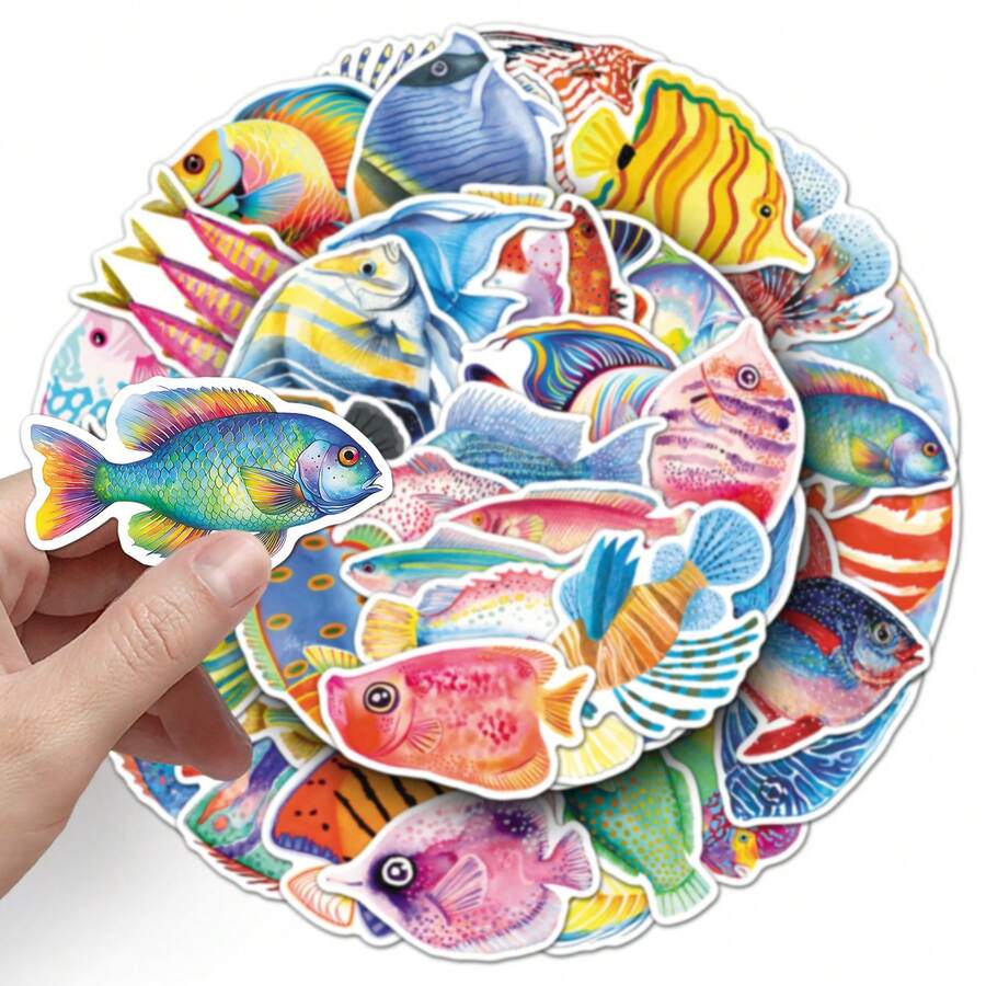 50張卡通魚貼紙,海洋生物水下世界裝飾貼紙,文具裝飾貼紙,滑板行李裝飾貼紙,手帳素材,獨特禮物封口貼紙 - 彩色 - 查看 1