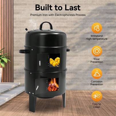 kangten 3in1 Räucherofen Räucherschrank Räuchertonne Grill Ofen Smoker mit Thermometer, Charcoal BBQ Grill Oven Outdoor