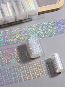 Aurora 玻璃美甲轉印紙，全息雷射愛心花朵星星條紋圖案設計，凝膠美甲貼紙，亮面箔美甲貼片，美甲裝飾 DIY 配件，美甲用品 - 彩色 - 查看 9