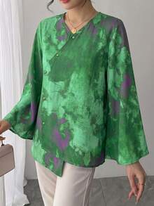 1 Stück Damen Bluse mit Batik-Muster, asymmetrischem Kragen, einreihiger Knopfleiste, asymmetrischem Saum und Glockenärmeln, eleganter chinesischer Stil, bequem und atmungsaktiv, perfekt für Strandurlaub, Arbeit, Alltag, Party, Bankett, Hochzeit und andere Anlässe - Grün - Übersicht 6
