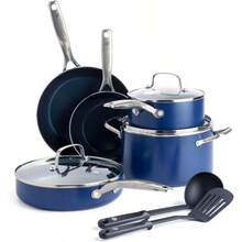 Blue Diamond Juego de utensilios de cocina antiadherentes de 10 piezas, ollas y sartenes de cerámica de diamante, aptos para lavaplatos y utensilios de metal, no tóxicos sin PFAS, salsa de cocina y - Juego de utensilios de cocina de 10 piezas - Ver 1