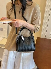 女款時尚簡約商務通勤黑色手提包，斜跨包 - 黑色 - 查看 4