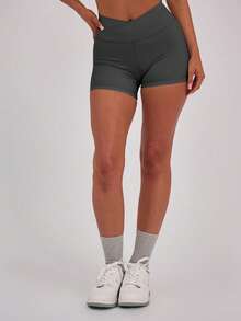Seamless Crossover Waist Slim Fit Shorts, Soft Fabric Fitness Shorts For Women, Suitable For Sports And Everyday Wear - 深灰色 - 查看 1