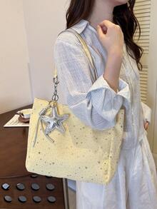1pc Star Pendant Decor Star Pattern Polyester Fiber Large Capacity Zipper Fashion Shoulder Bag Suitable For Women's Daily Use - Yellow - View 5