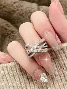 1pc Luxury Multi-Layer Intertwined Round & Baguette Cut Cubic Zirconia Open Ring, Sparkling Women Jewelry For Wedding Anniversary Daily Party Gift - White - View 5
