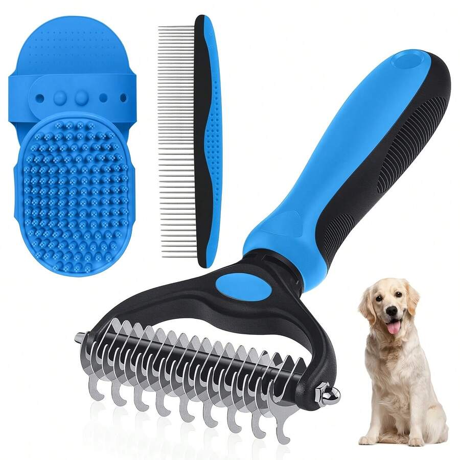 Double-Sided Pet Grooming Rake - 4-In-1 Professional Pet Grooming Kit, Deshedding Dematting Tool For Dogs, Cats, Extra-Wide Grooming Brush & Deshedder Comb For Long And Short Haired Pets - View 1