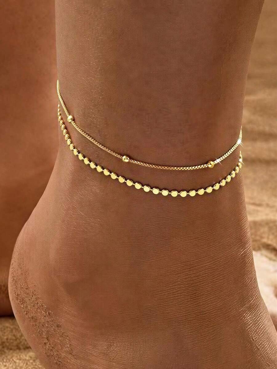 Juego de 2 piezas de tobilleras doradas apilables elegantes, estilo minimalista, adecuadas como accesorios de joyería para los pies de uso diario para mujeres - Dorado - Ver 1